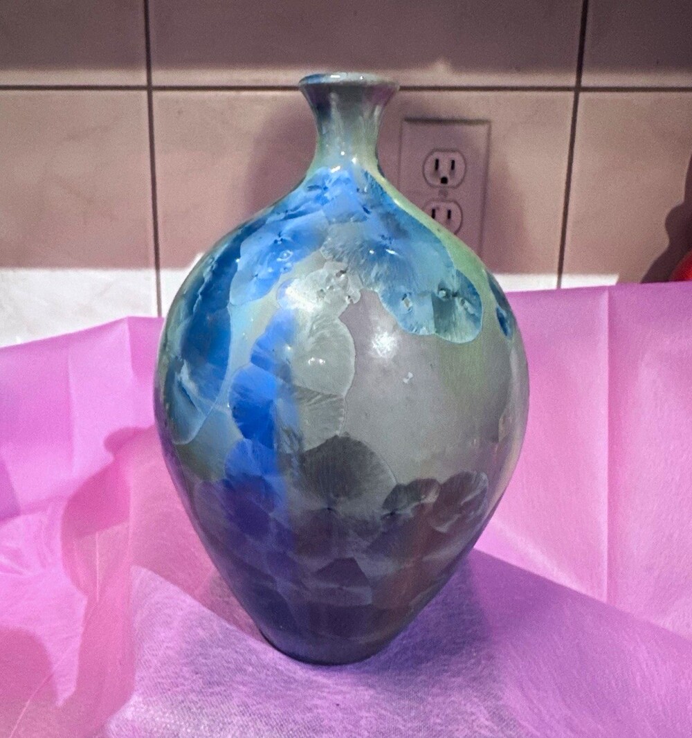 Signed Phil Mayon Abstract Blue Green Art Glass Vase Decorative 25/200